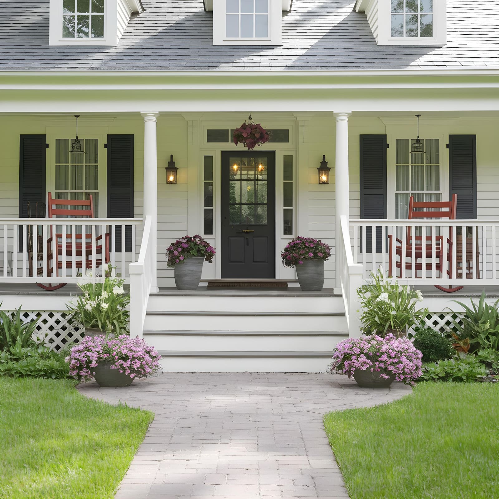White colonial home with fresh siding, shutters, and a welcoming front porch