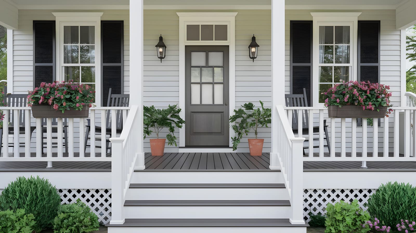 White porch with crisp window trim and a classic entry door