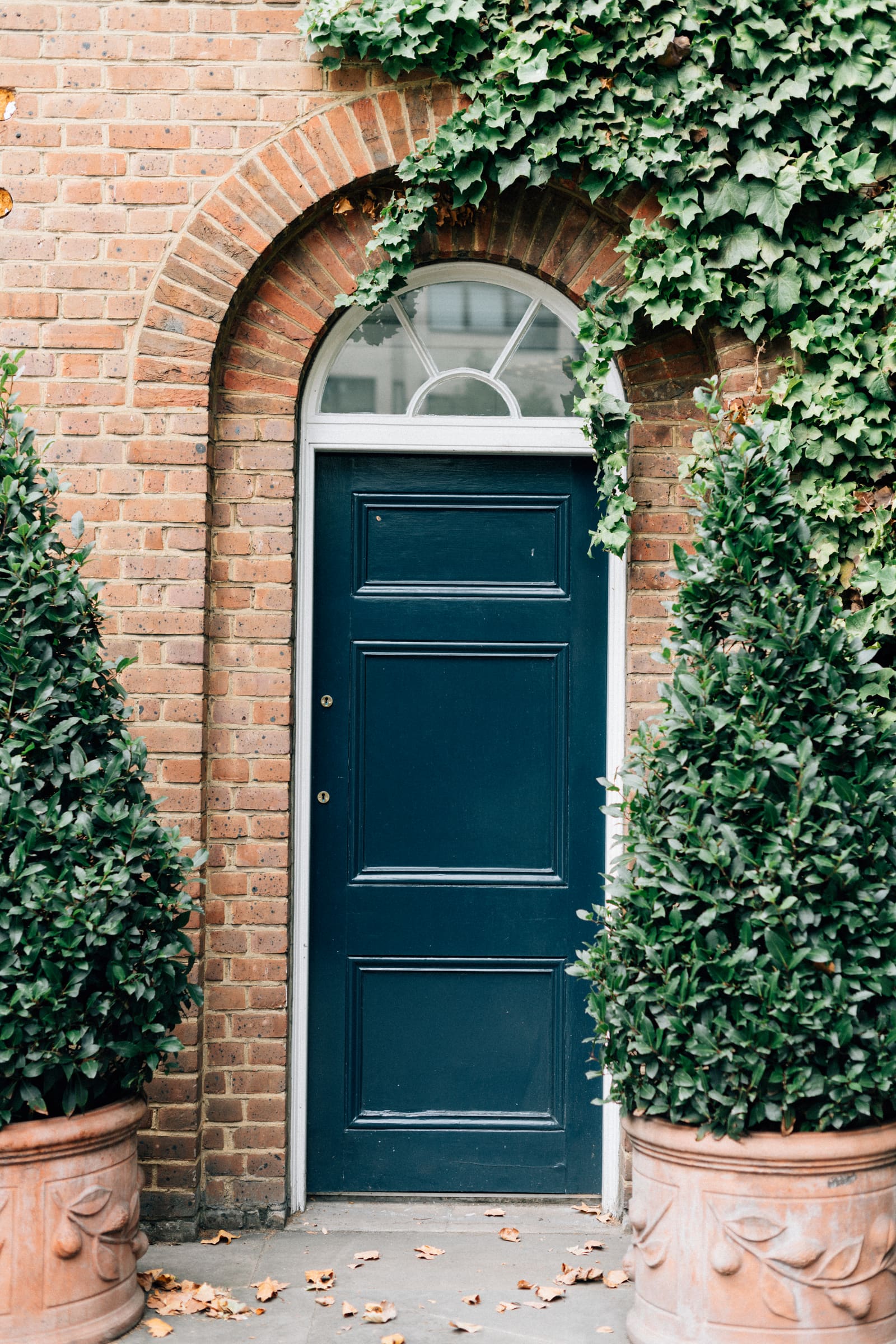 Elegant navy paneled entry door with an arched transom framed by brick and topiary