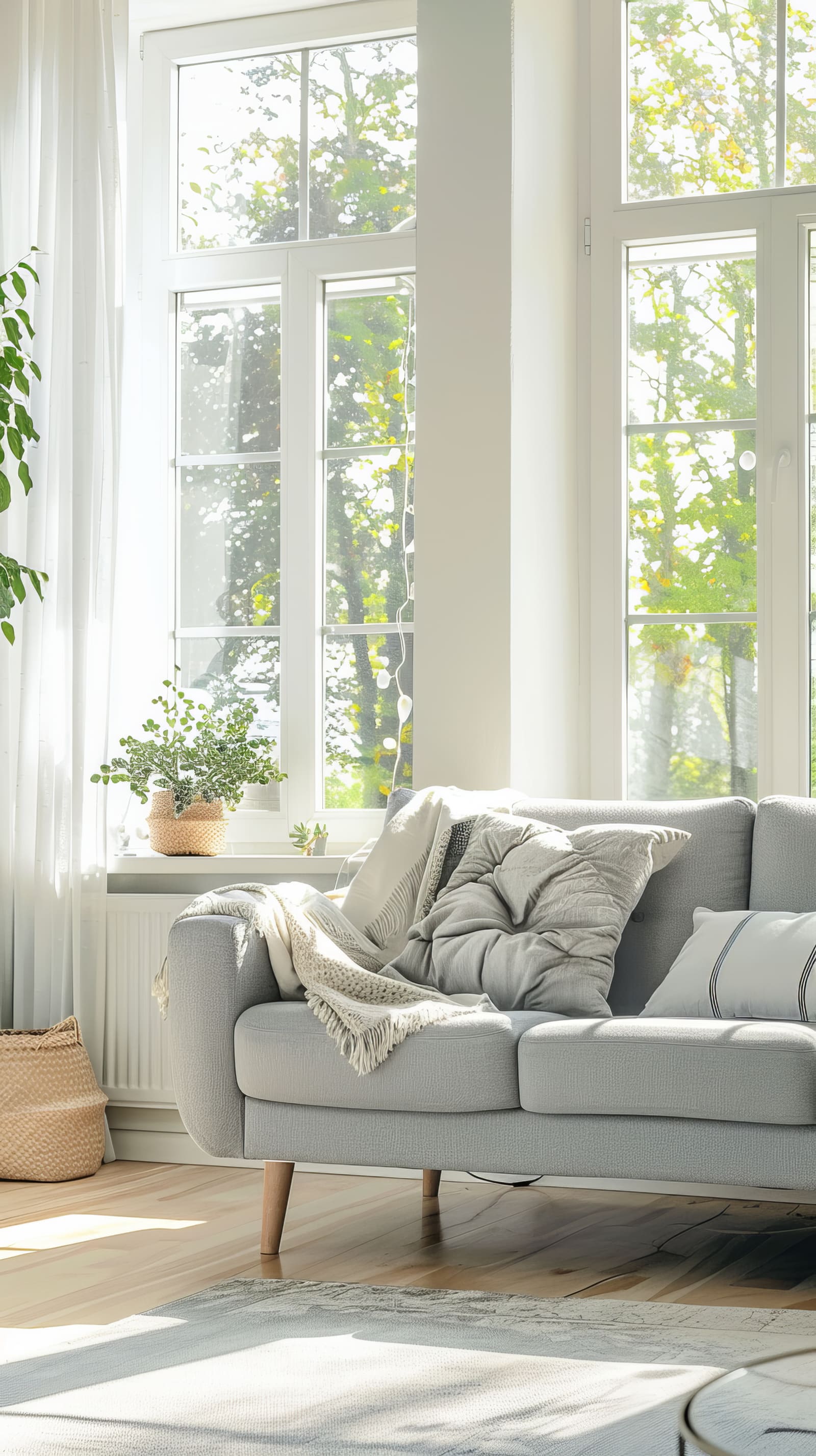 Bright, elegant living room with large energy-efficient replacement windows