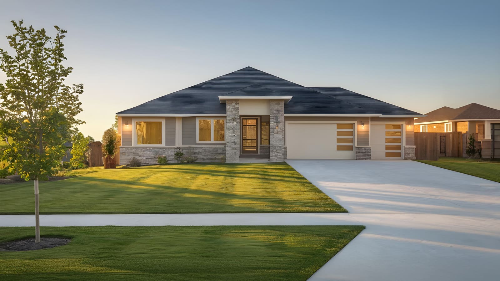 Modern single-story home with a new hip roof and clean exterior