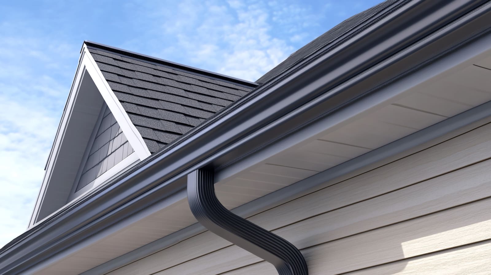 New shingle roof with dark seamless gutters and a downspout